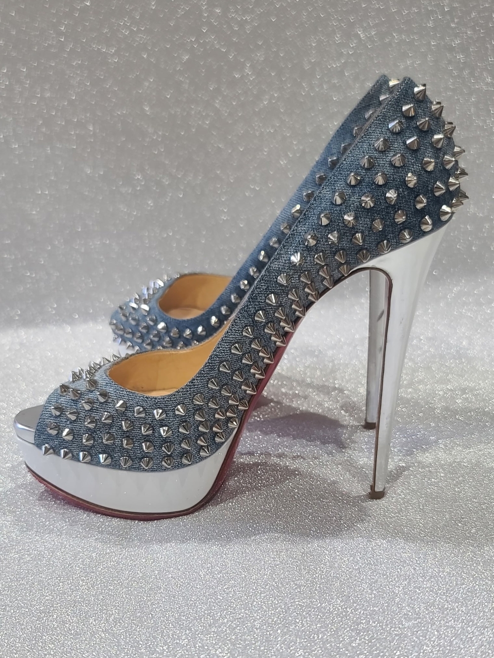 Christian Louboutin Lady Peep Spikes Denim Blue Studded Peep-Toe Platform Pumps